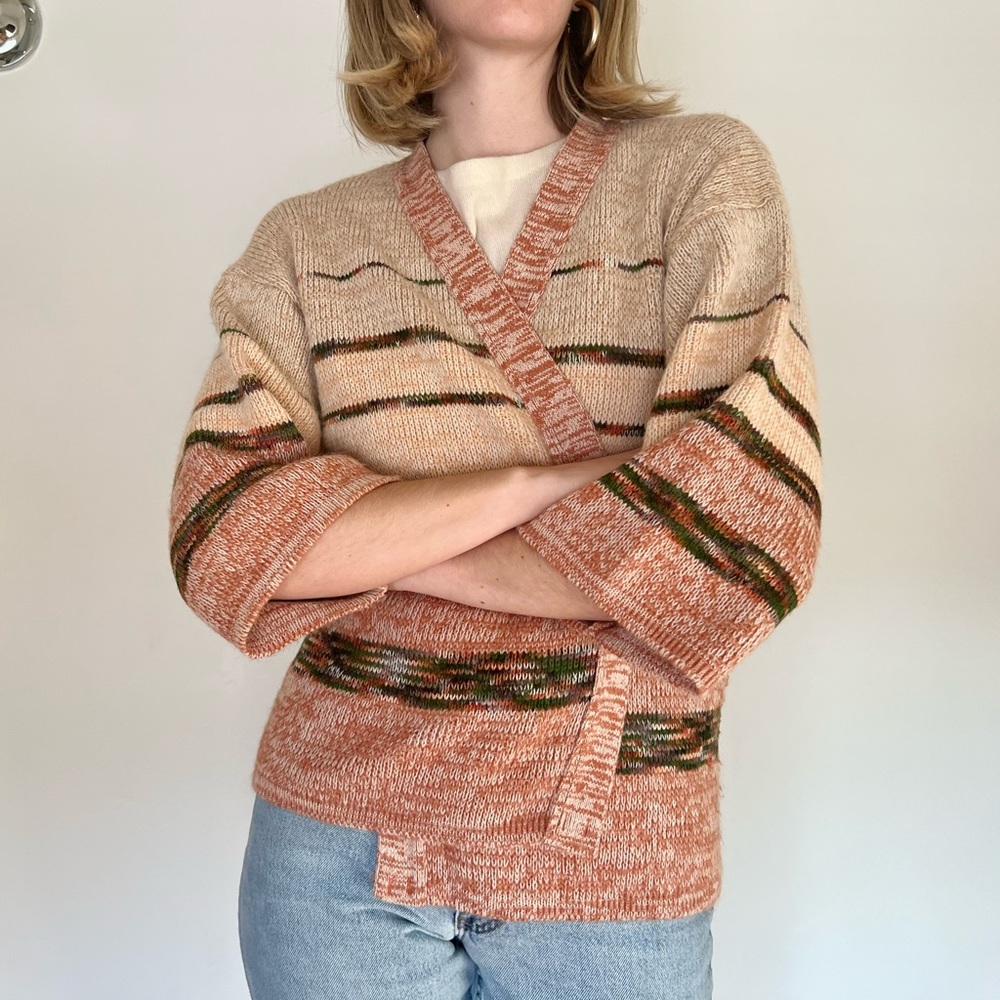 Vintage 70s Neutral Wide Sleeve Open Knit Cardigan - image 1